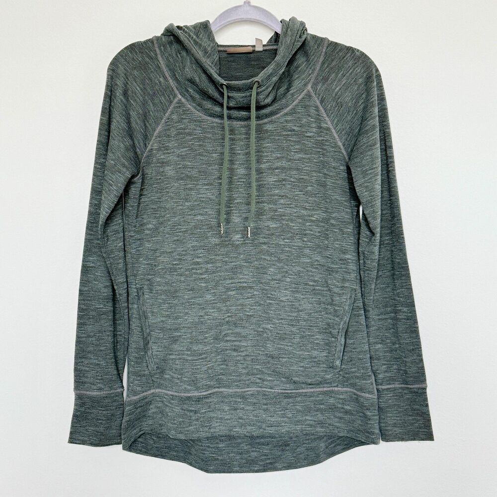 Athleta Pullover Hoodie Womens Small Gray Cowl Neck Long Sleeve Kangaroo Pocket
